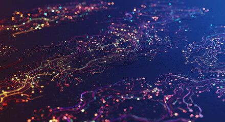 Poster - Abstract Circuit Board Pattern with Glowing Neon Lines and Colorful Lights Technology Background