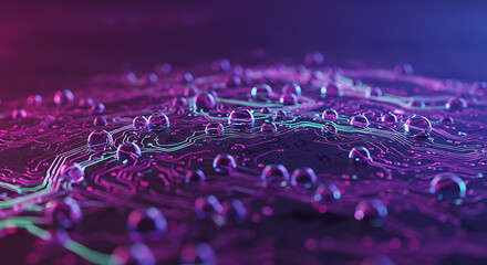 Poster - Abstract Neon Circuit Board with Water Droplets Futuristic Technology Background
