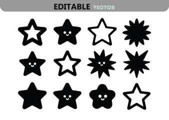 Poster - Collection of Twelve Black Star Icons with Different Shapes and Styles on a White Background in Vector Format