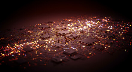 Poster - Abstract Close up of Illuminated Circuit Board with Microchips and Complex Wiring