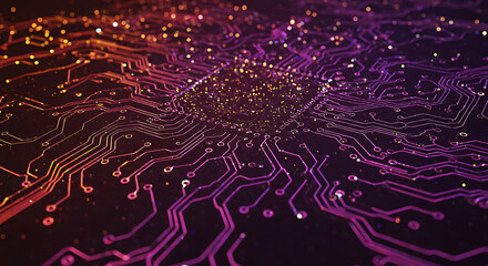 Poster - Abstract Circuit Board Technology Background Glowing Pink Purple Lines and Golden Particles