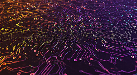 Poster - Abstract Circuit Board Texture Glowing Neon Lines and Connections in Purple Orange and Pink
