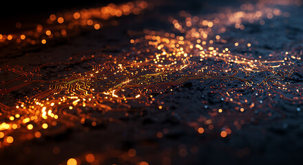 Poster - Abstract Circuit Board Glowing with Orange Light High Tech Technology Background