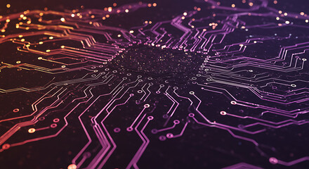 Poster - Abstract Circuit Board Technology Background Glowing Pink and Orange Electronic Pathways