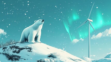 Wall Mural - Polar bear on snowy hill looks at aurora borealis with wind turbine.