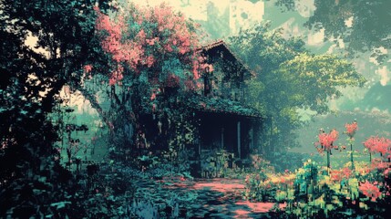 Wall Mural - overgrown building or structure in a lush green environment with pink flowers.