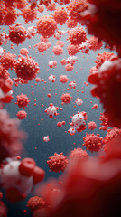 Poster - 3D rendering of red and white virus particles floating in air, microscopic view, infectious disease, health risk, dramatic atmosphere