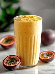 Poster - Tropical passion fruit smoothie in tall glass, creamy yellow texture, fresh and refreshing, surrounded by halved passion fruit