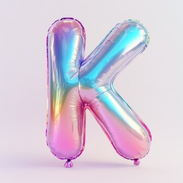 Colorful pastel, RGB, the letter K in shiny mylar balloons, white background, high resolution, professional photograph.