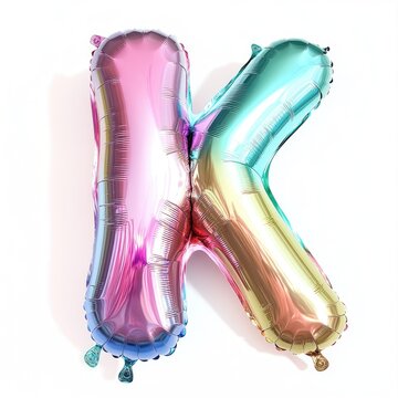 Colorful pastel, RGB, the letter K in shiny mylar balloons, white background, high resolution, professional photograph.