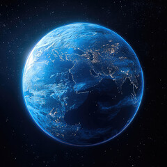 Poster - View of planet Earth from space, illuminated by city lights, showing continents, oceans, and glowing atmosphere
