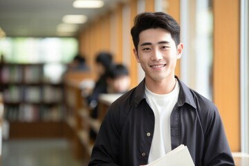A smile student Taiwanese men holding book publication portrait library.