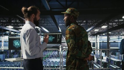 Poster - military server room it professionals using ai llm tech on laptop to review network performance. arm
