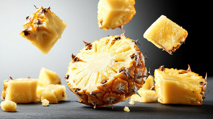 Aufkleber - Juicy pineapple pieces and slices floating in air, fresh tropical fruit with vibrant yellow color, healthy and delicious snack