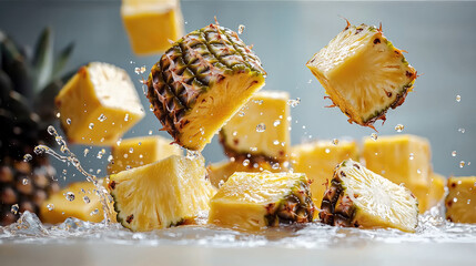 Poster - Juicy pineapple pieces splash in water, fresh tropical fruit cubes with vibrant yellow color, refreshing and energetic mood