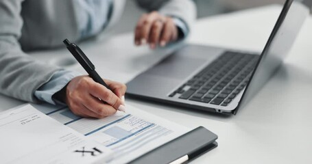 Poster - Hands, doctor and woman with laptop, writing and healthcare with prescription, notes and internet. Closeup, insurance and medical report with professional, pc and documents for schedule and planning