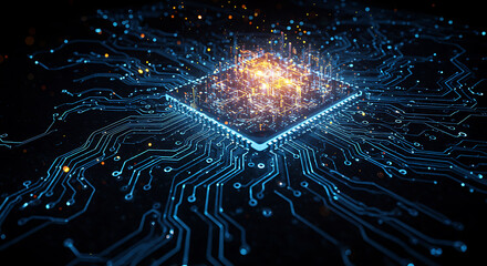 Poster - High Tech Microchip Circuit Board Glowing Digital Data Processing Power