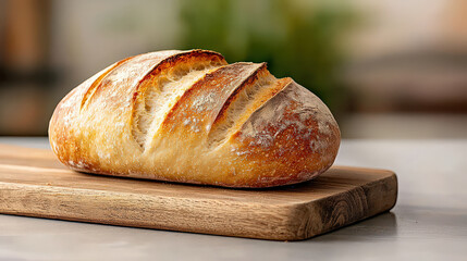 Aufkleber - Golden loaf of sourdough bread with perfect crust on wooden board, showcasing its artisanal texture and inviting aroma. bread rustic appearance is highlighted by natural lighting