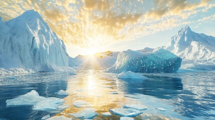 Wall Mural - Icebergs float in water with a bright sun shining through clouds.