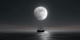 Monotone ghost ship sailing under a full moon at night with eerie atmosphere surrounded by fog and mystery in a dark oceanic setting