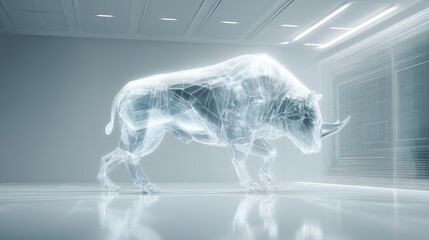 A futuristic, transparent model of a bull in a modern, sleek environment.