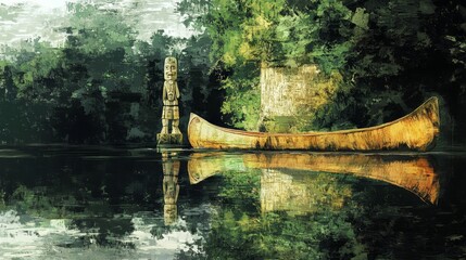 Wall Mural - canoe on water with trees reflected in the water creating a serene scene.