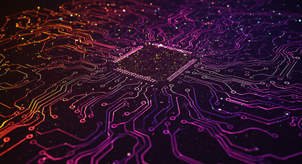 Poster - Abstract Circuit Board Technology Background Glowing Pink and Orange Microchip Detail