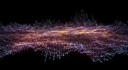 Poster - Abstract Digital Waveform Glowing Particle Network Data Visualization Technology Background