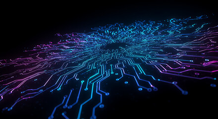 Poster - Abstract Glowing Circuit Board Pattern Futuristic Technology Background Neon Purple Blue Lines