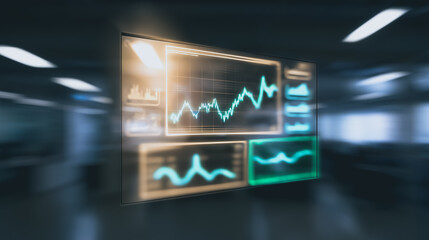 Poster - Fluctuating Stock Display: Futuristic digital displays showcasing stock market fluctuations with trending data, graphs, and real-time updates in an office-inspired environment.