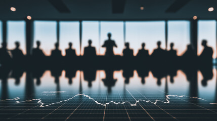 Poster - Corporate Decision-Making: A powerful visual captures a boardroom's energy, filled with silhouetted figures, symbolizing strategic discussion, underscored by a financial chart's subtle presence. 