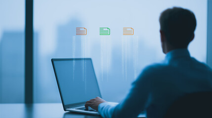 Poster - Digital Office Integration: A modern professional, engrossed in data management, navigates a virtual office environment, symbolizing connectivity and modern technology.