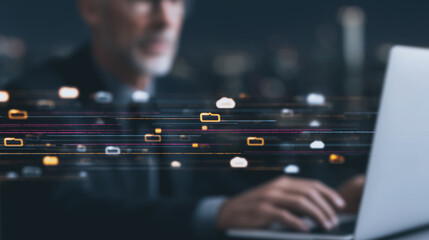 Poster - Cyber Age at Work: A focused individual immersed in the digital realm, with lines of digital data streaming across the scene, signifying modern technology at work.