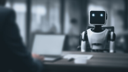 Poster - Robot Interview: A futuristic scene depicting a robot in a job interview setting, showcasing the potential of artificial intelligence in the workplace. The image focuses on the robot.