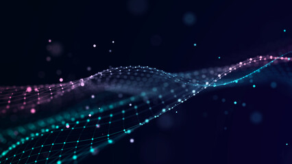 Leinwandbilder - Abstract wave. Interweaving of dots and lines on a black background. Big data. 3D rendering.