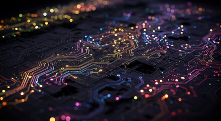 Poster - Abstract Circuit Board Technology Background Glowing Neon Lines Nodes