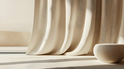 Wall Mural - Beige Draped Curtains With Soft Light In Minimalist Studio