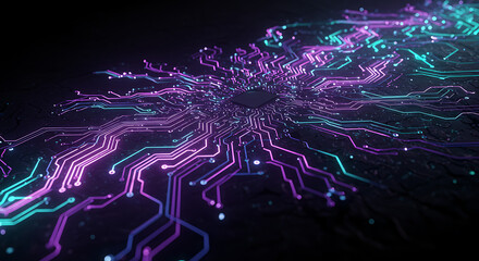 Poster - Abstract Glowing Circuit Board Technology Background Neon Purple and Teal Lines