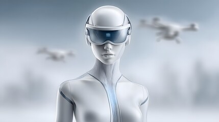 Poster - futuristic android with human-like expressions, translucent synthetic skin revealing bio-organic components, glowing AI core in the chest, sleek minimalist city background with ultra-modern