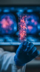 Poster - Scientist holding a sample and analyzing MRI scan data during a clinical trial for Alzheimer s and dementia research