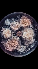 Poster - Generative depicting a microscopic view of diverse microorganisms forming irregular pale colored colonies of different shapes and sizes growing in a laboratory Petri dish