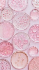 Poster - An arrangement of various Petri dishes and cosmetic product containers on a clean light colored background creating a minimalist clinical and professional looking composition