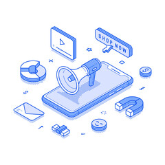 Fototapete - Social media marketing digital promo advertising smartphone app minimalist isometric vector illustration. Internet advertisement strategy public commercial announcement mobile phone application