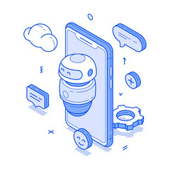 Fototapete - Virtual assistant chatbot robotic AI support smartphone application minimalist isometric vector illustration. Artificial intelligence cyberspace network robot automated technology web communication