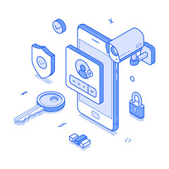 Poster - Smartphone user account security personal data information protect minimalist isometric vector illustration. Mobile phone identification authentication network privacy verification secure control