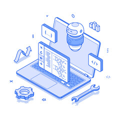 Fototapete - Artificial intelligence software development coding programming minimalist isometric vector illustration. AI chatbot robotic program code assistant automation service machine digital technology