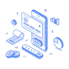 Fototapete - online banking smartphone application financial cashless transaction minimalist isometric vector ill