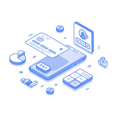 Poster - Online banking financial user account smartphone application minimalist isometric vector illustration. Internet finance bank shopping payment e money cashless transaction mobile phone app