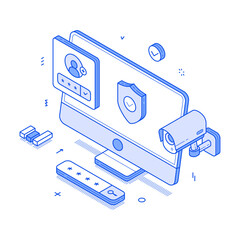 Fototapete - Account security internet safety protection computer software monitoring minimalist isometric vector illustration. Online user system access privacy secure banking anti spam encryption verification