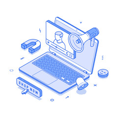 Fototapete - Social media digital marketing internet video blog vlog advertising minimalist isometric vector illustration. SMM online advertising influencer live streaming cyberspace network announcement
